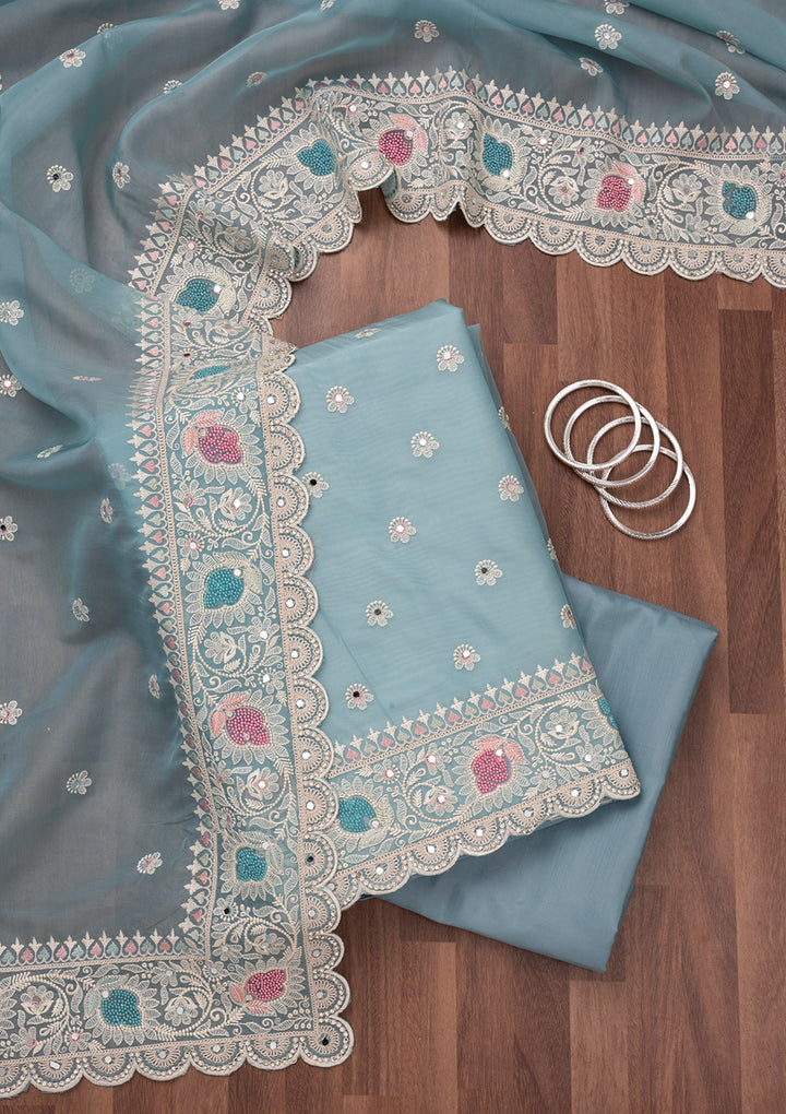 Sky Blue Threadwork Semi Crepe Unstitched Salwar Suit