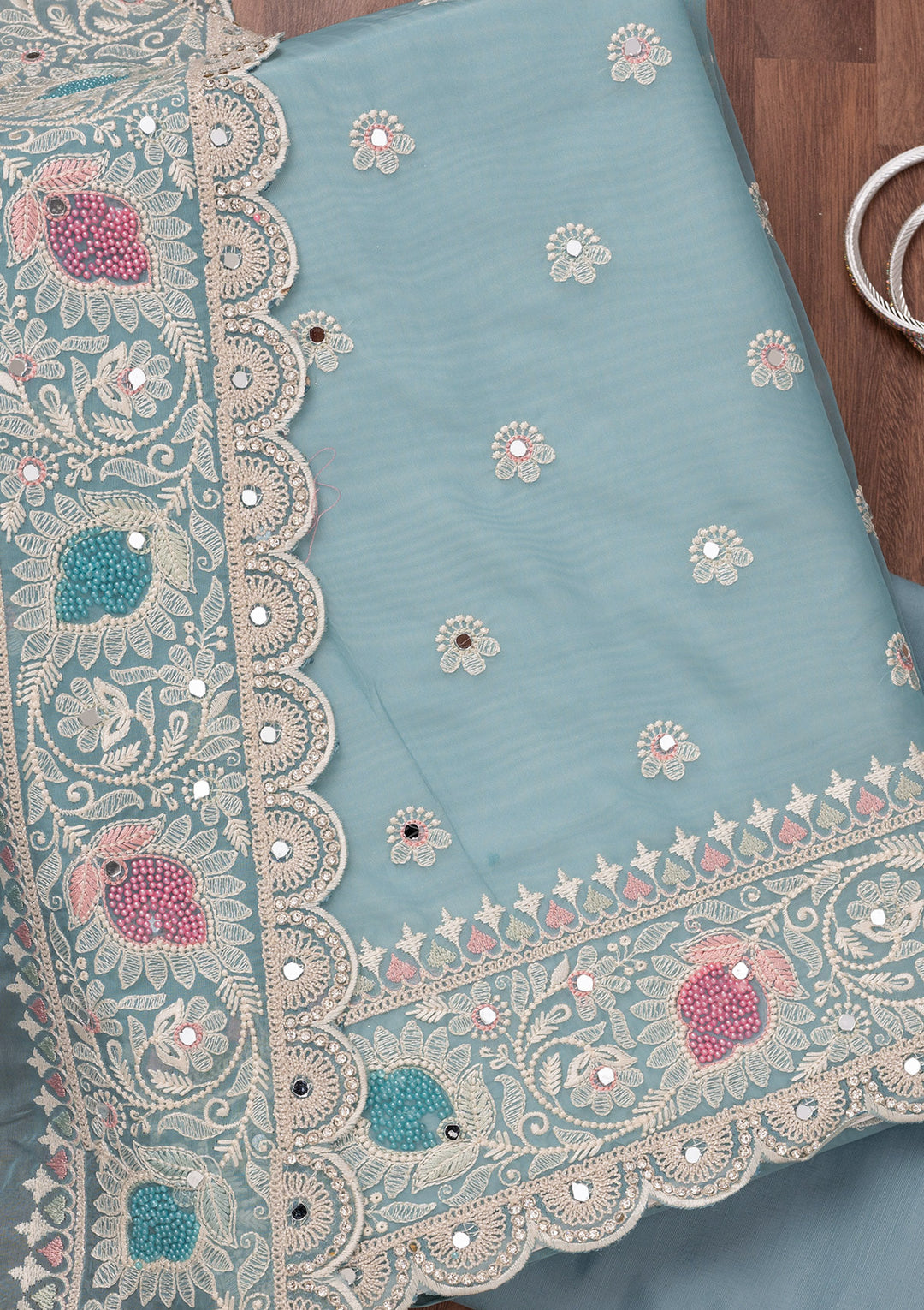 Sky Blue Threadwork Semi Crepe Unstitched Salwar Suit