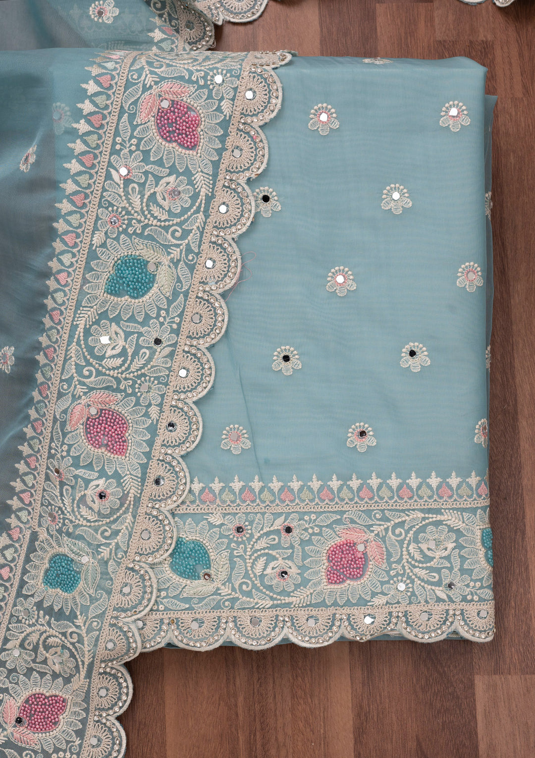 Sky Blue Threadwork Semi Crepe Unstitched Salwar Suit