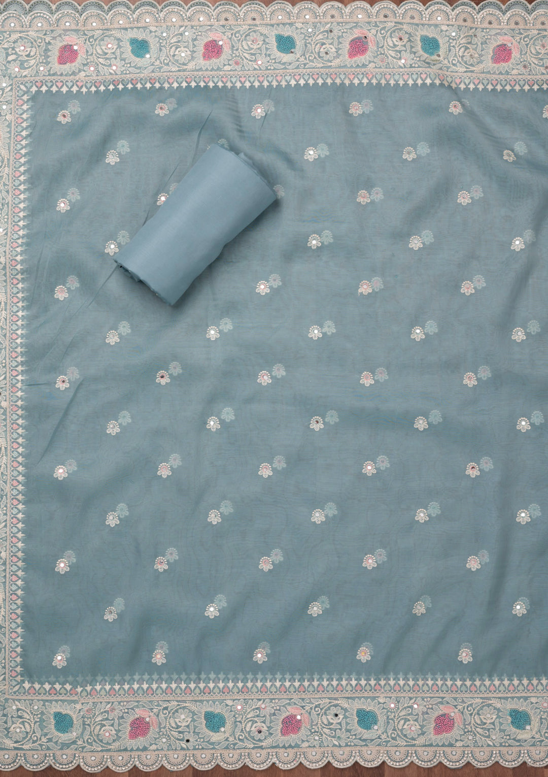 Sky Blue Threadwork Semi Crepe Unstitched Salwar Suit
