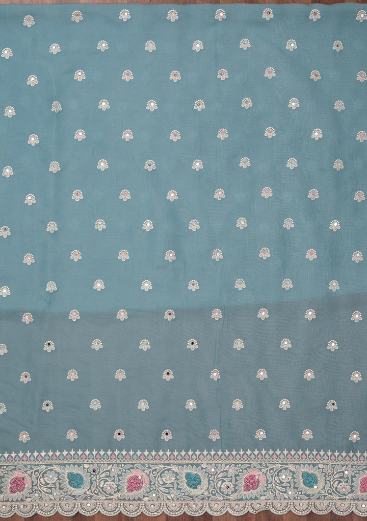 Sky Blue Threadwork Semi Crepe Unstitched Salwar Suit