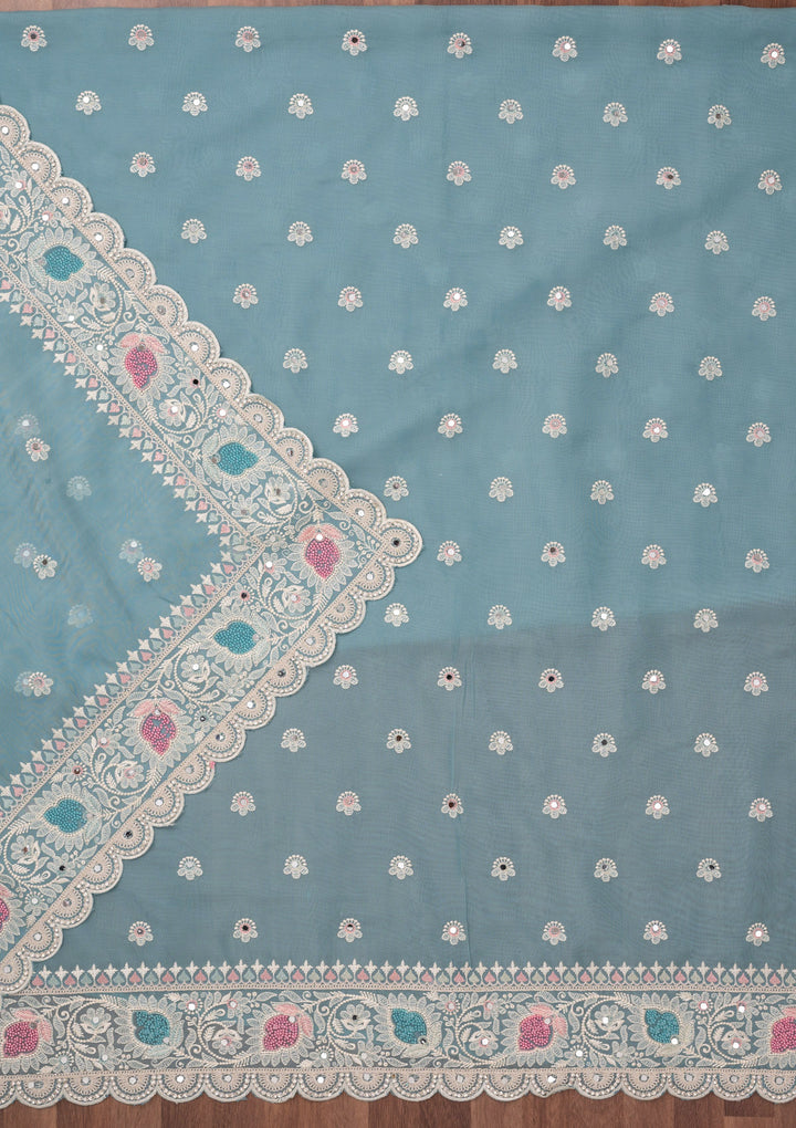 Sky Blue Threadwork Semi Crepe Unstitched Salwar Suit