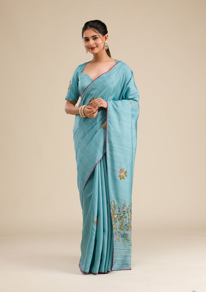 Sky Blue Threadwork Silk Saree