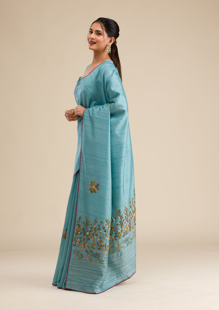 Sky Blue Threadwork Silk Saree