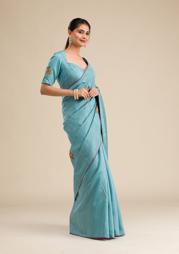 Sky Blue Threadwork Silk Saree