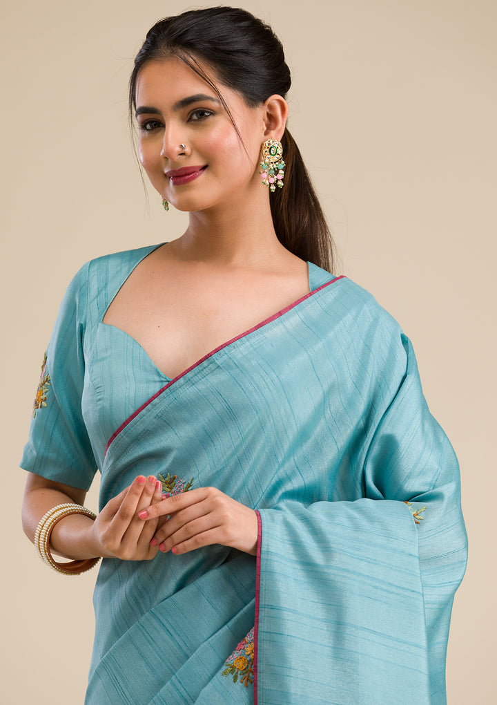 Sky Blue Threadwork Silk Saree
