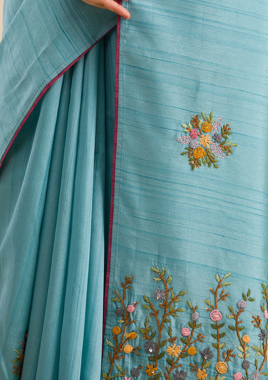 Sky Blue Threadwork Silk Saree