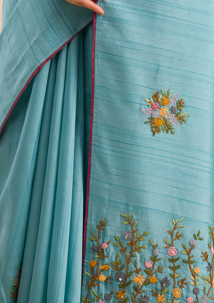 Sky Blue Threadwork Silk Saree