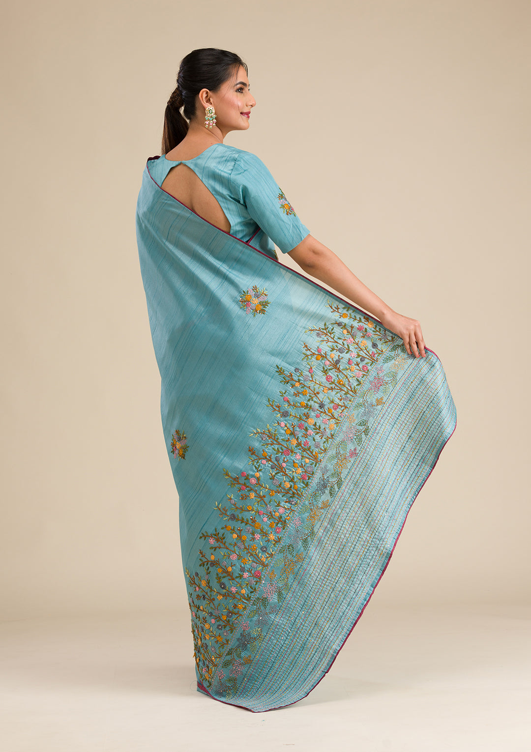 Sky Blue Threadwork Silk Saree