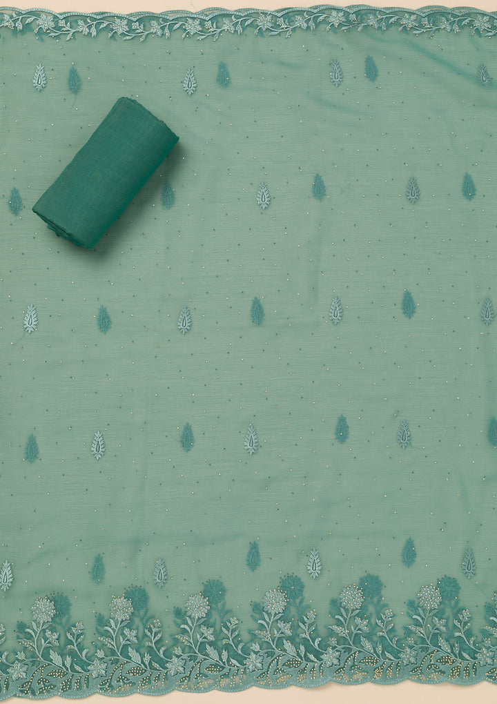 Sea Green Threadwork Tissue Unstitched Salwar Suit