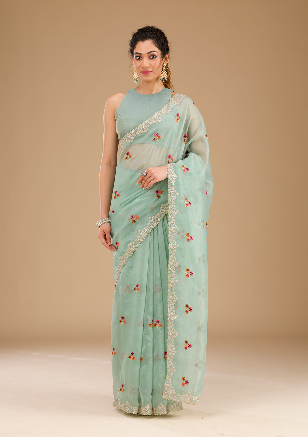 Sky Blue Threadwork Tissue Saree-Koskii