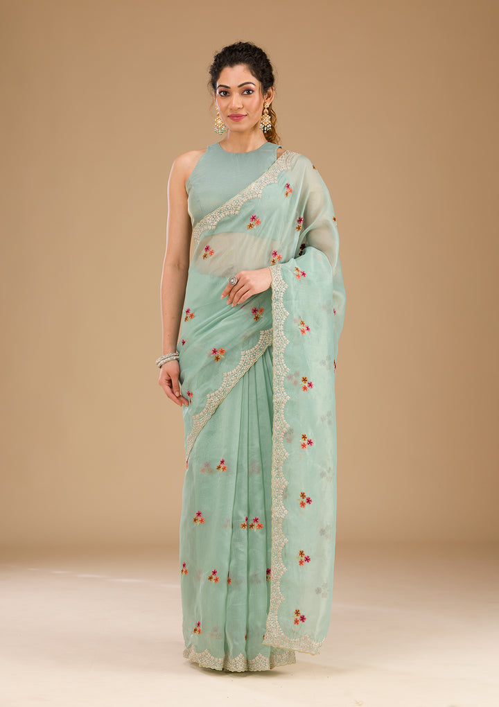 Sky Blue Threadwork Tissue Saree-Koskii