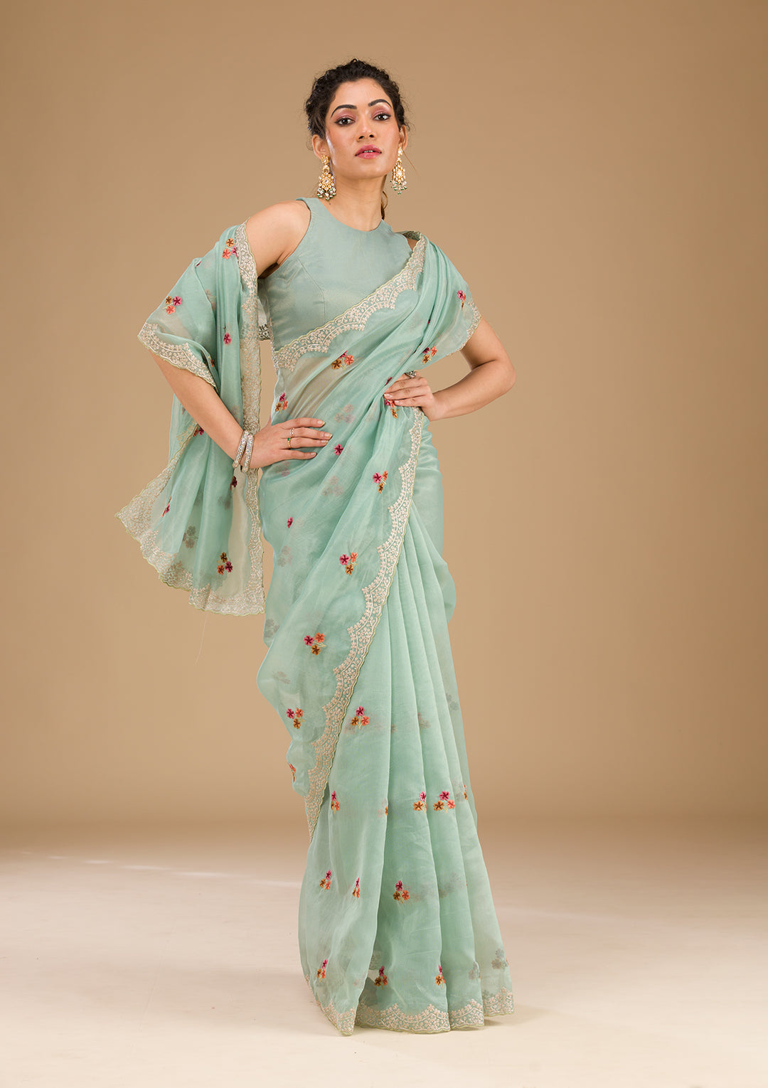 Sky Blue Threadwork Tissue Saree-Koskii