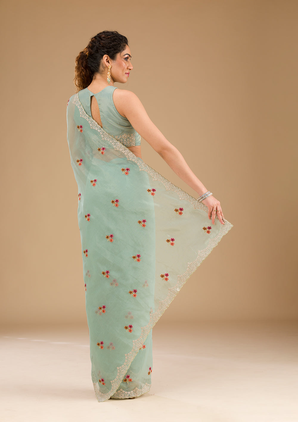 Sky Blue Threadwork Tissue Saree-Koskii