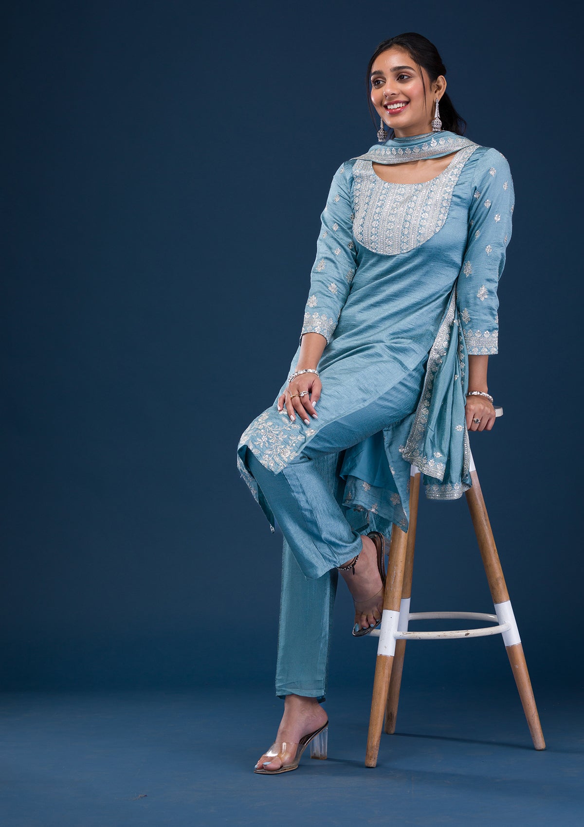 Sky Blue Zariwork Art Silk Readymade Salwar Suit