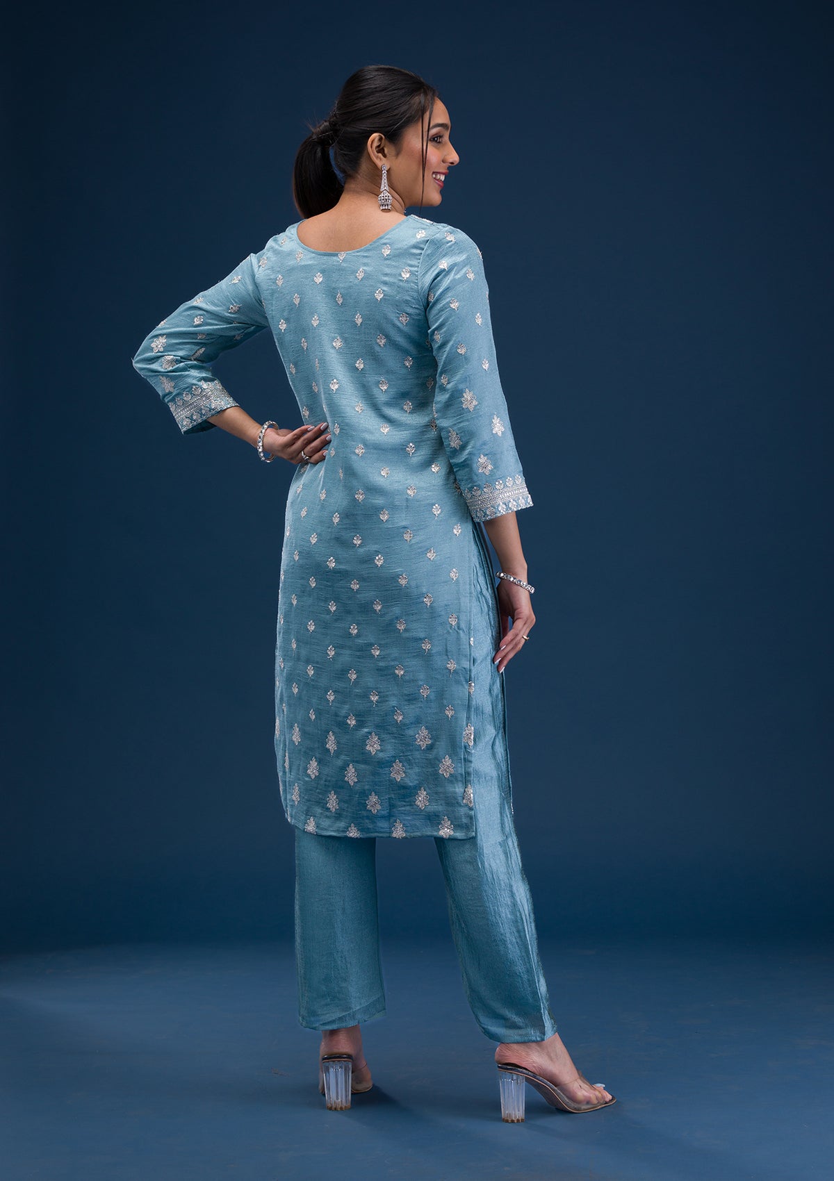 Sky Blue Zariwork Art Silk Readymade Salwar Suit
