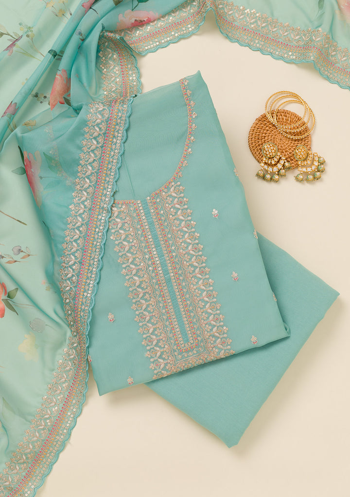 Sky Blue Zariwork Art Silk Unstitched Salwar Suit