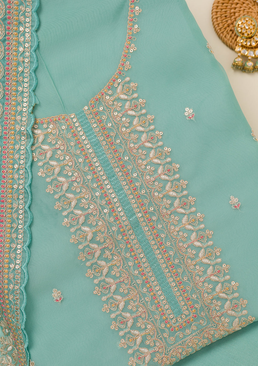 Sky Blue Zariwork Art Silk Unstitched Salwar Suit