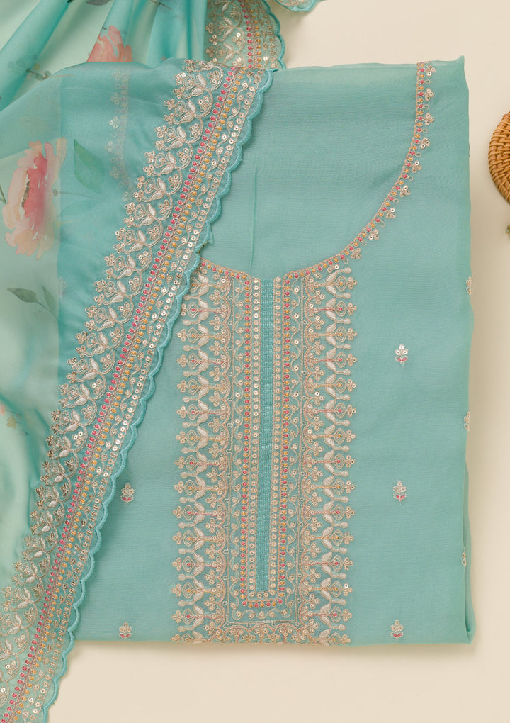 Sky Blue Zariwork Art Silk Unstitched Salwar Suit
