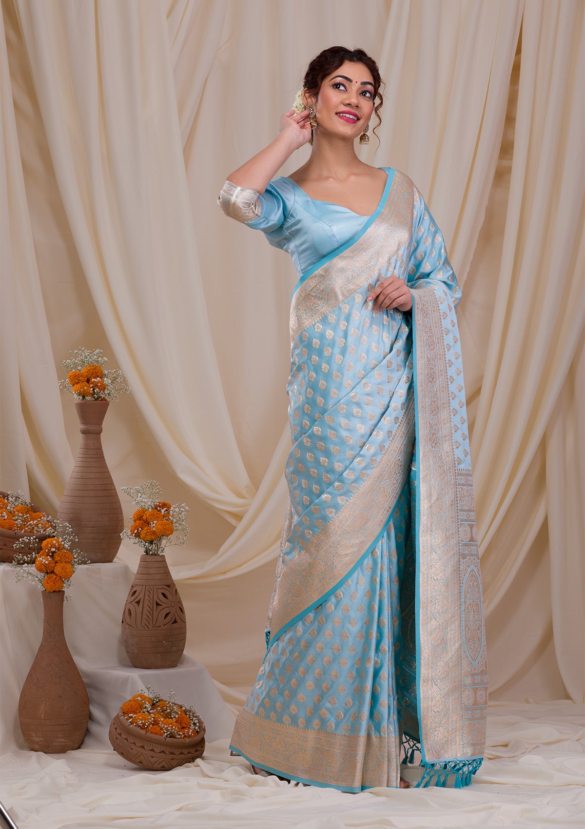 Sky Blue Zariwork Banarasi Silk Saree
