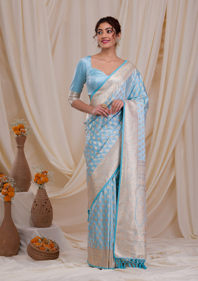 Sky Blue Zariwork Banarasi Banarasi Silk Saree-Koskii