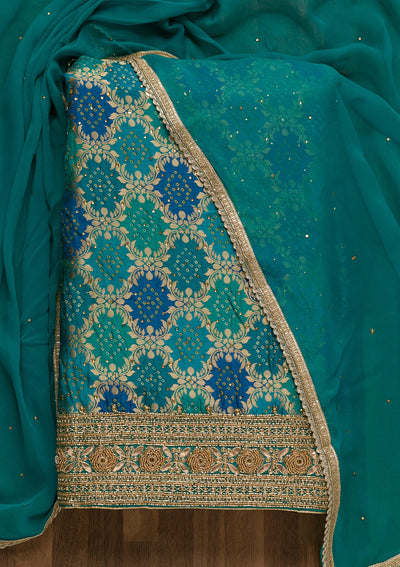 Sky Blue Zariwork Banarasi Unstitched Salwar Suit