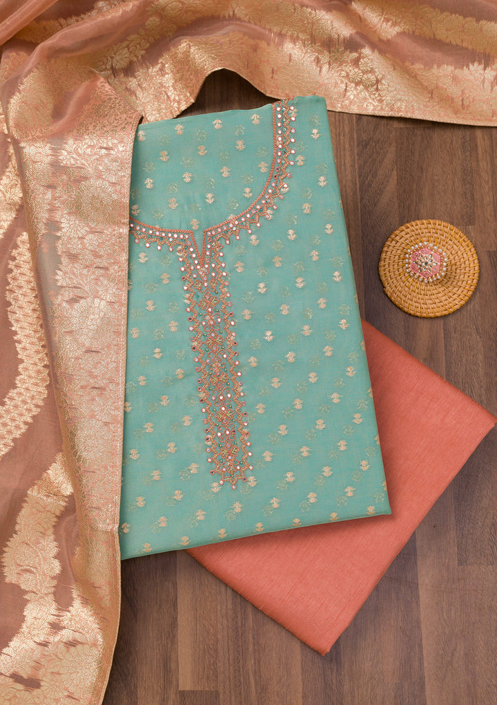 Sky Blue Zariwork Banarasi Unstitched Salwar Suit