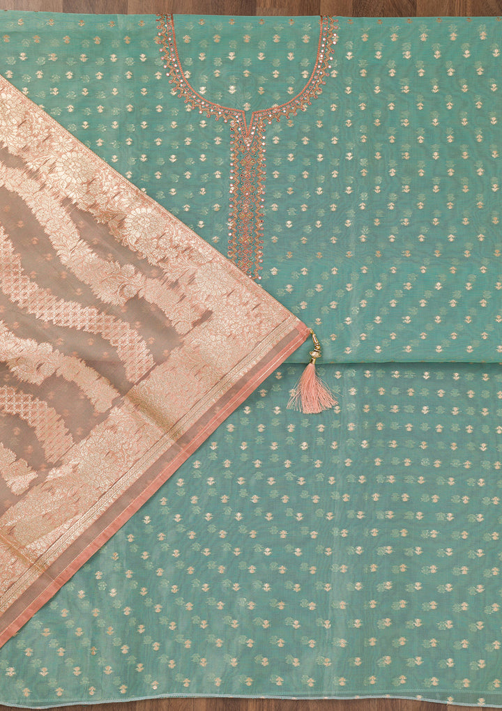 Sky Blue Zariwork Banarasi Unstitched Salwar Suit