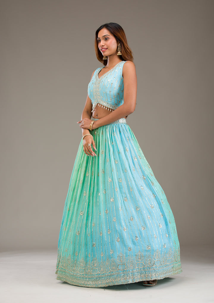 Sky Blue Zariwork Georgette Readymade Lehenga