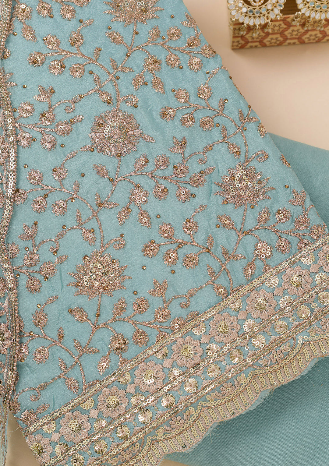 Sky Blue Zariwork Georgette Unstitched Salwar Suit