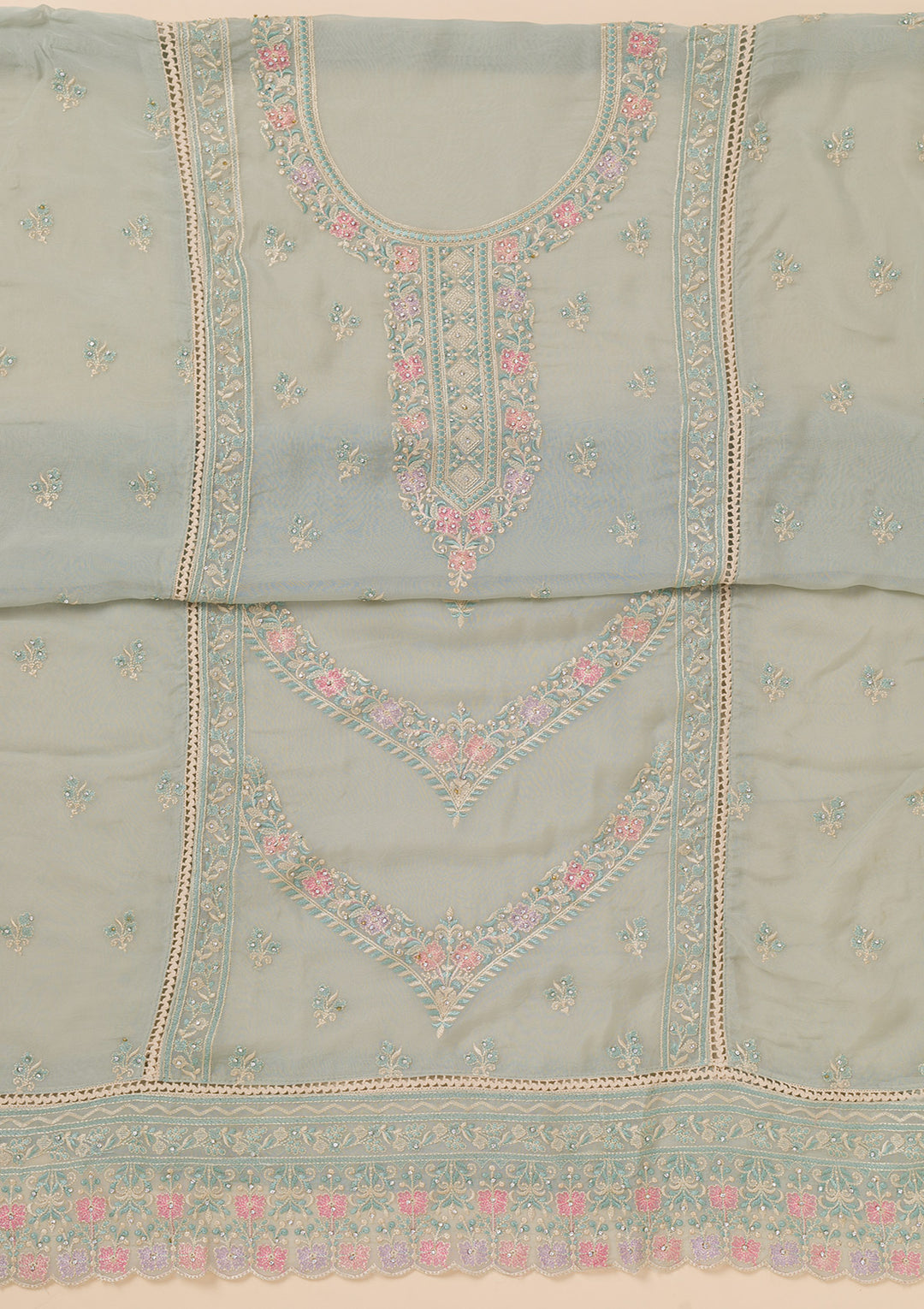 Sky Blue Zariwork Georgette Unstitched Salwar Suit