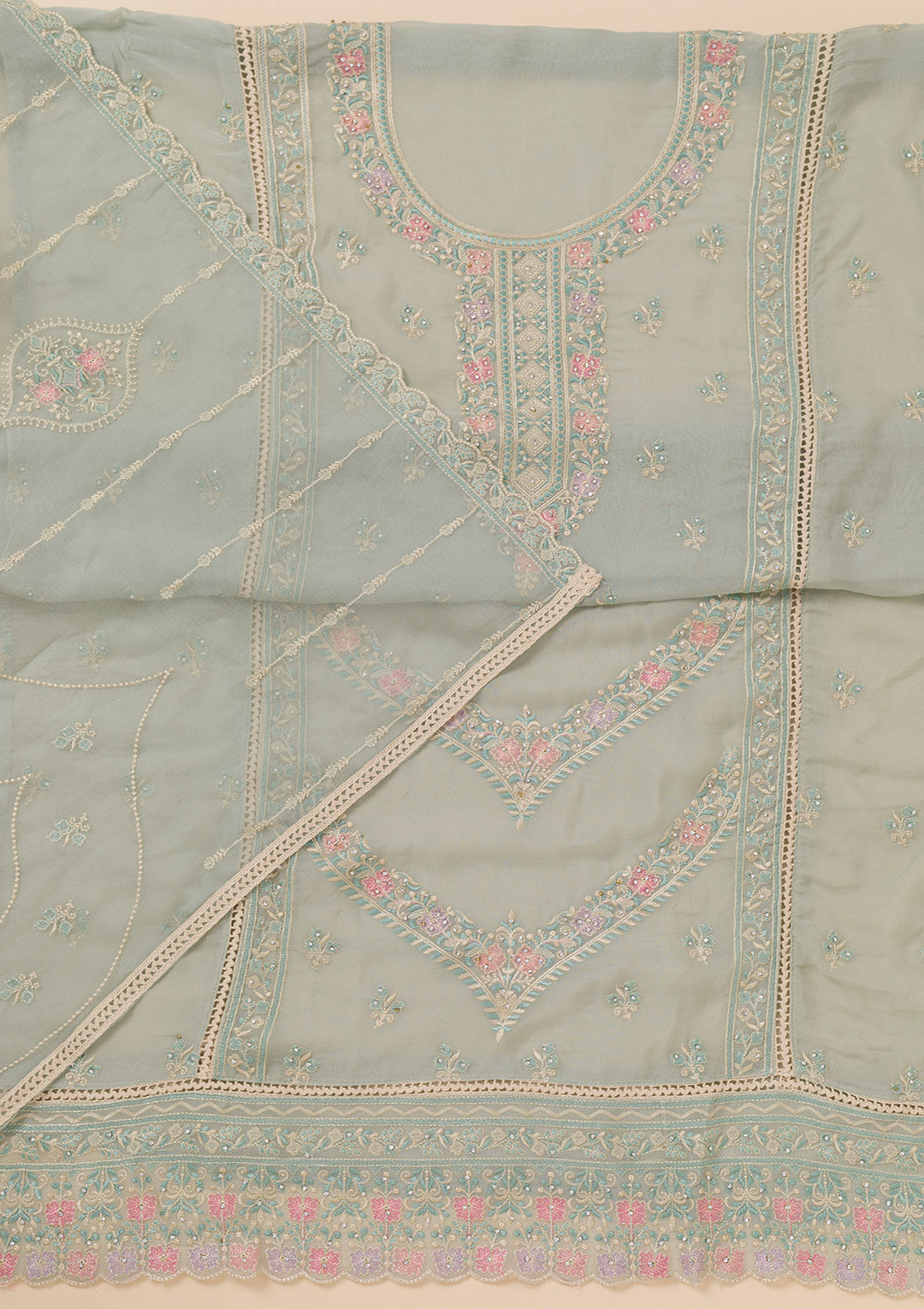 Sky Blue Zariwork Georgette Unstitched Salwar Suit