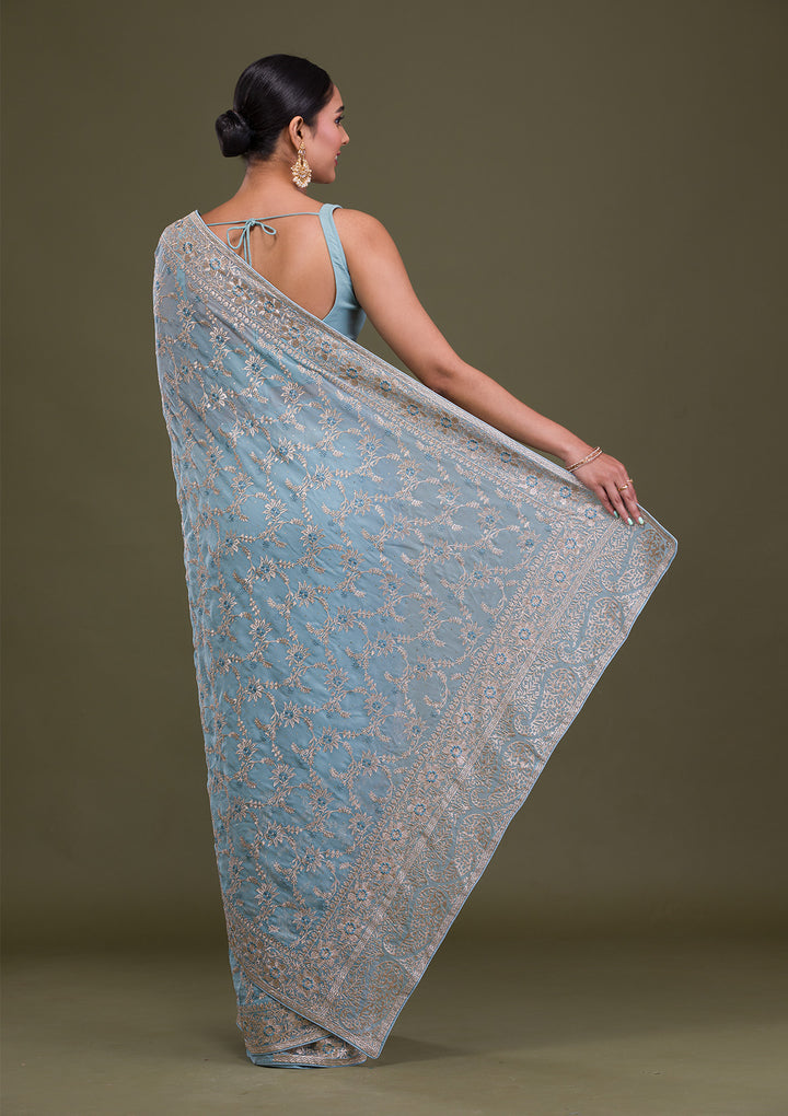 Sky Blue Zariwork Georgette Saree