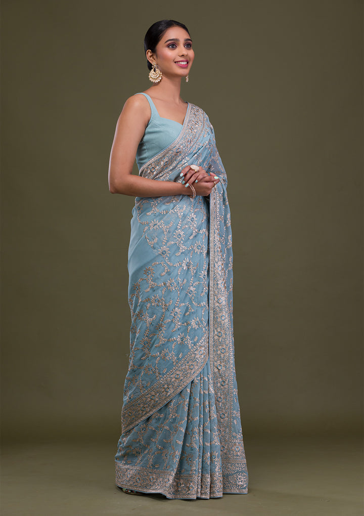 Sky Blue Zariwork Georgette Saree