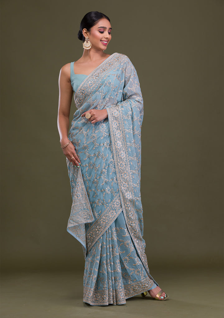 Sky Blue Zariwork Georgette Saree