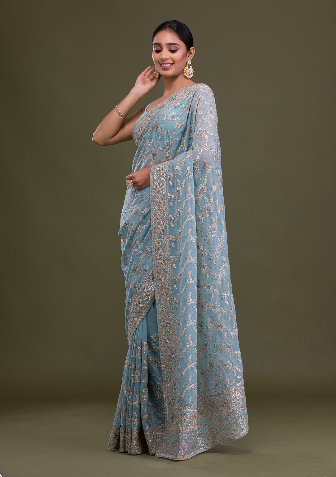 Sky Blue Zariwork Georgette Saree