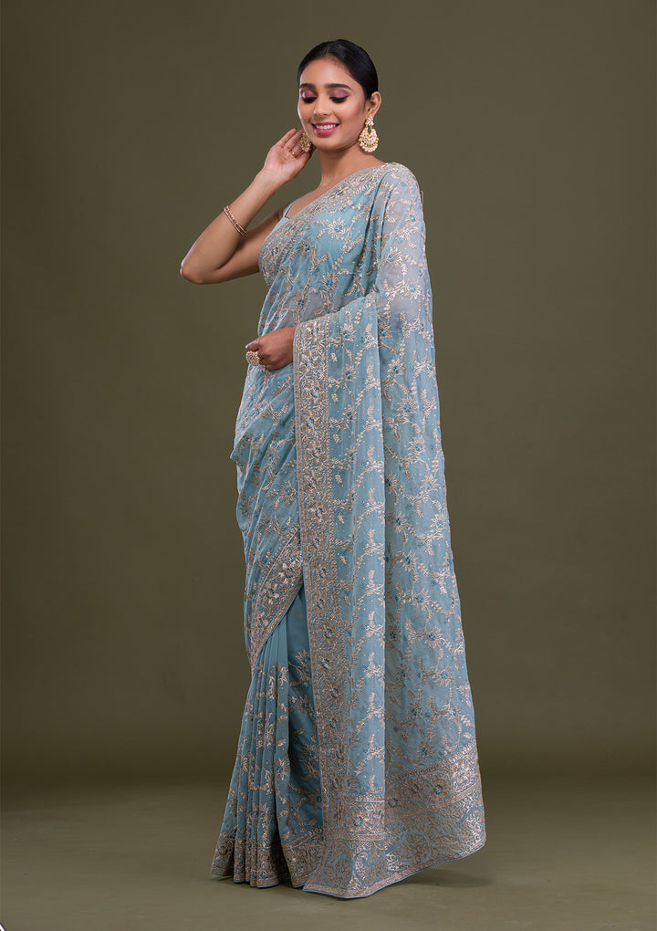 Sky Blue Zariwork Georgette Saree
