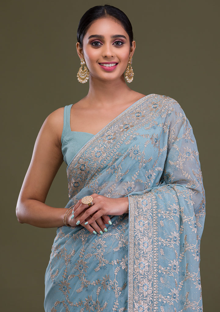 Sky Blue Zariwork Georgette Saree