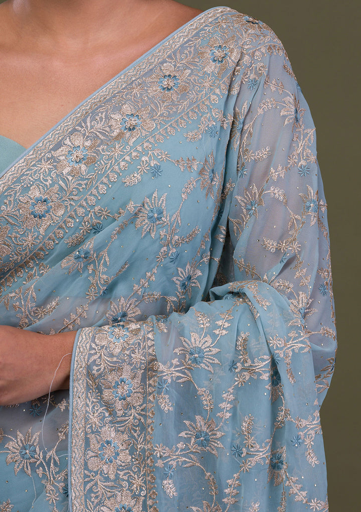 Sky Blue Zariwork Georgette Saree
