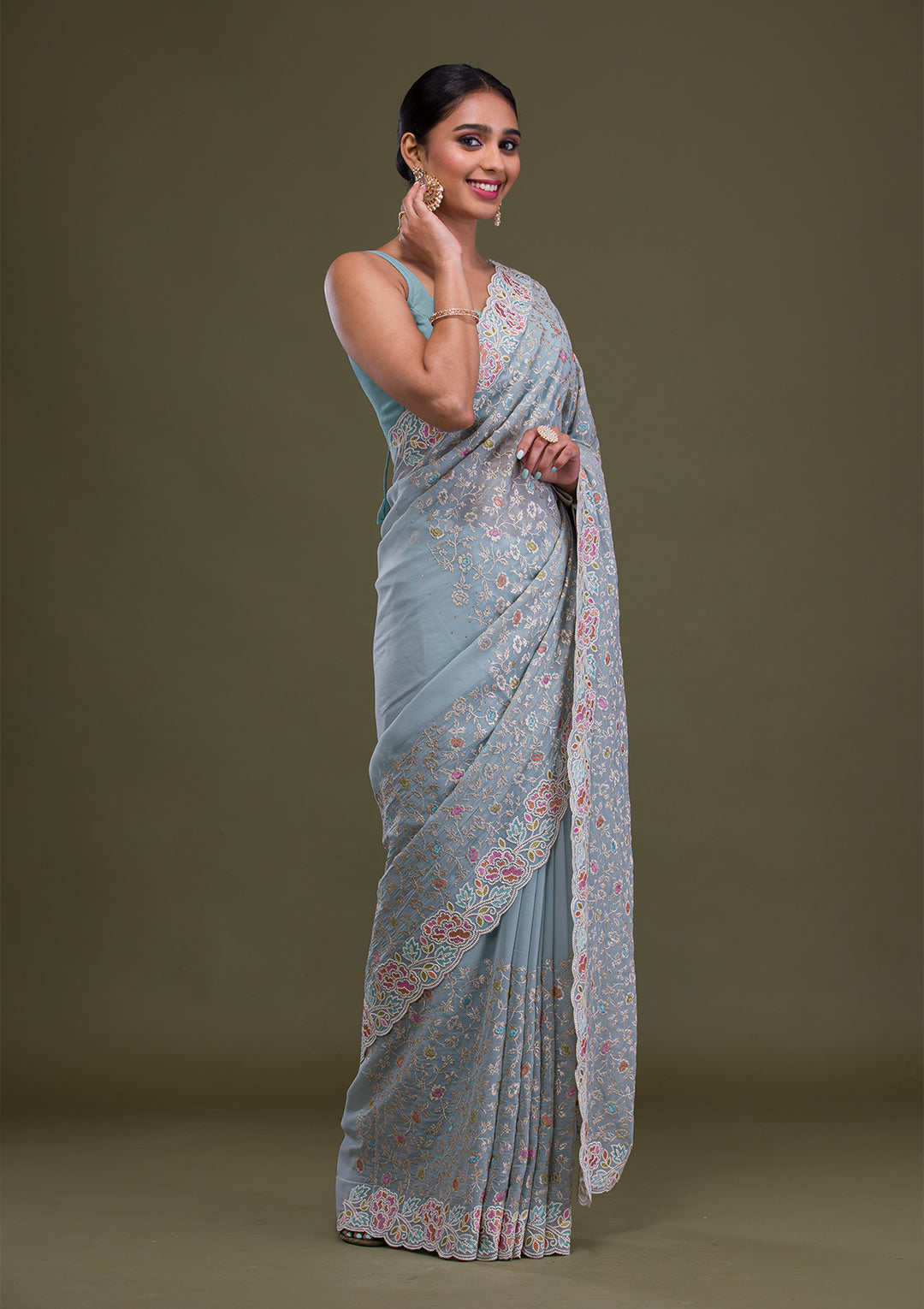 Sky Blue Zariwork Georgette Saree