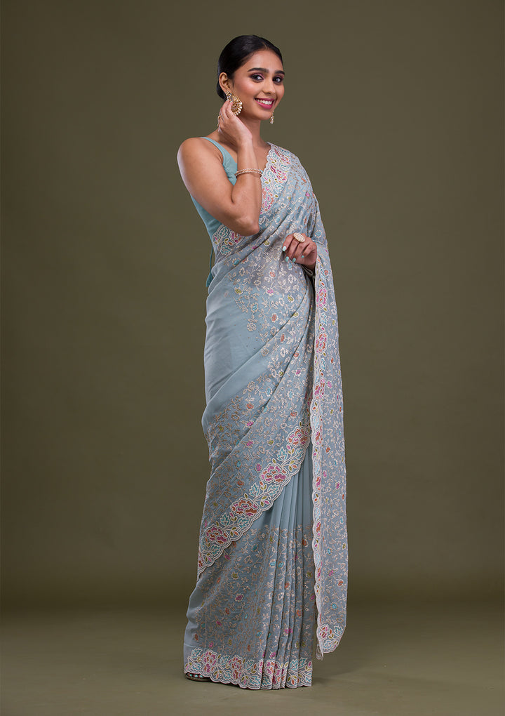 Sky Blue Zariwork Georgette Saree