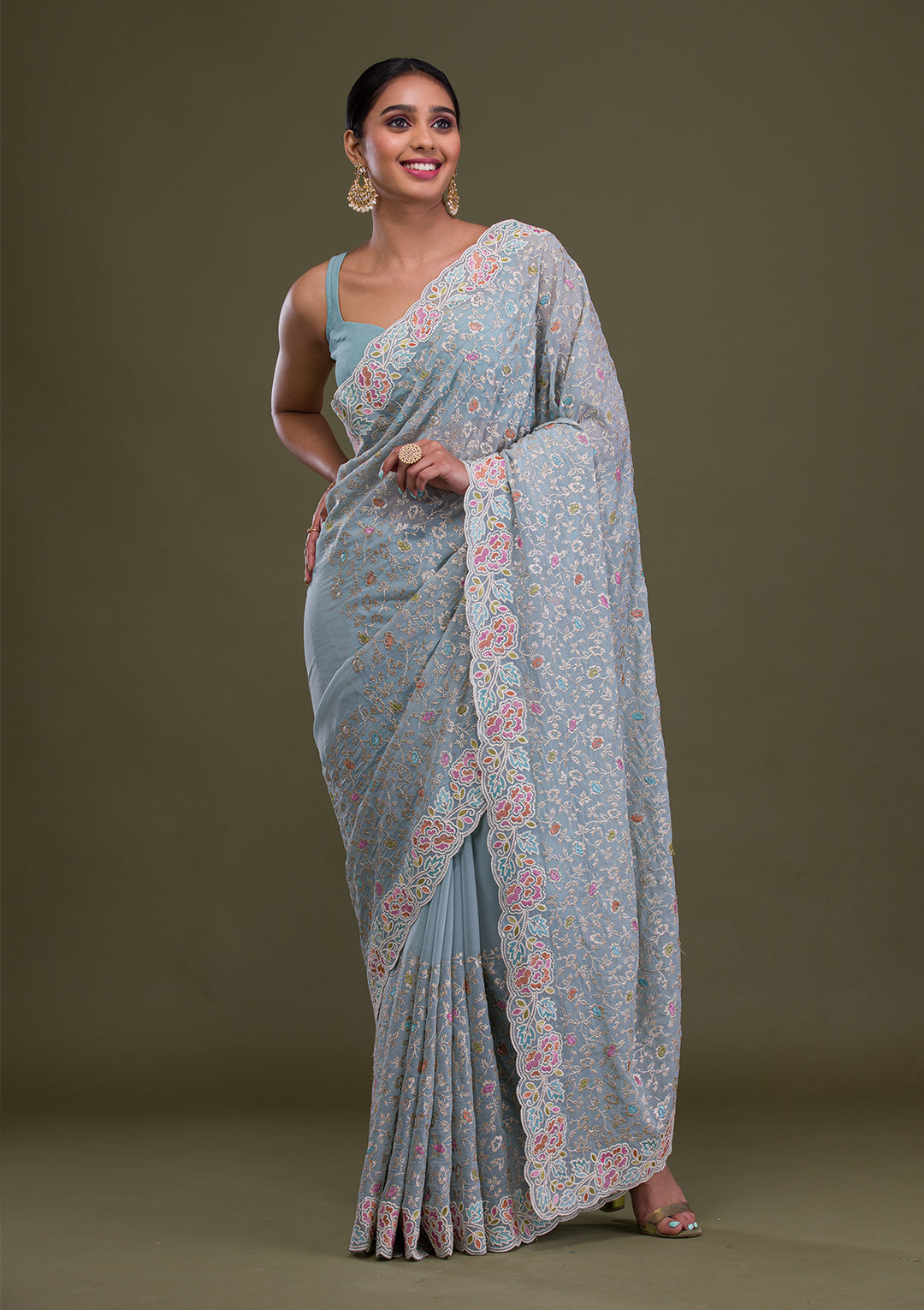 Sky Blue Zariwork Georgette Saree