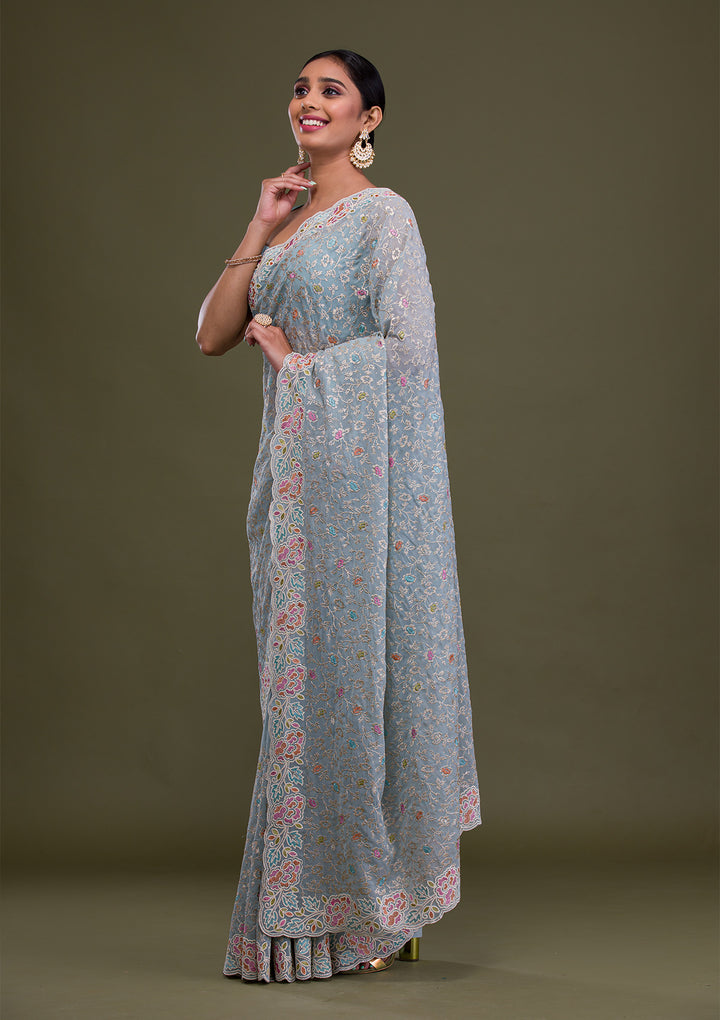 Sky Blue Zariwork Georgette Saree