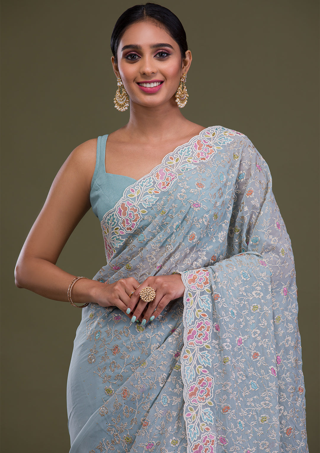 Sky Blue Zariwork Georgette Saree