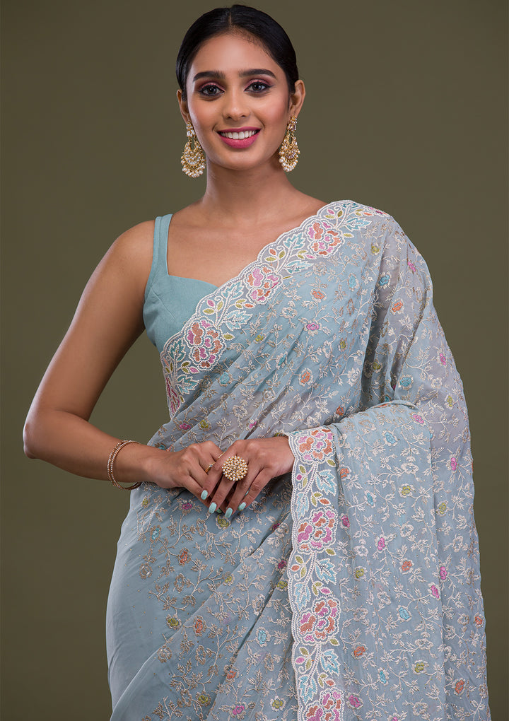 Sky Blue Zariwork Georgette Saree