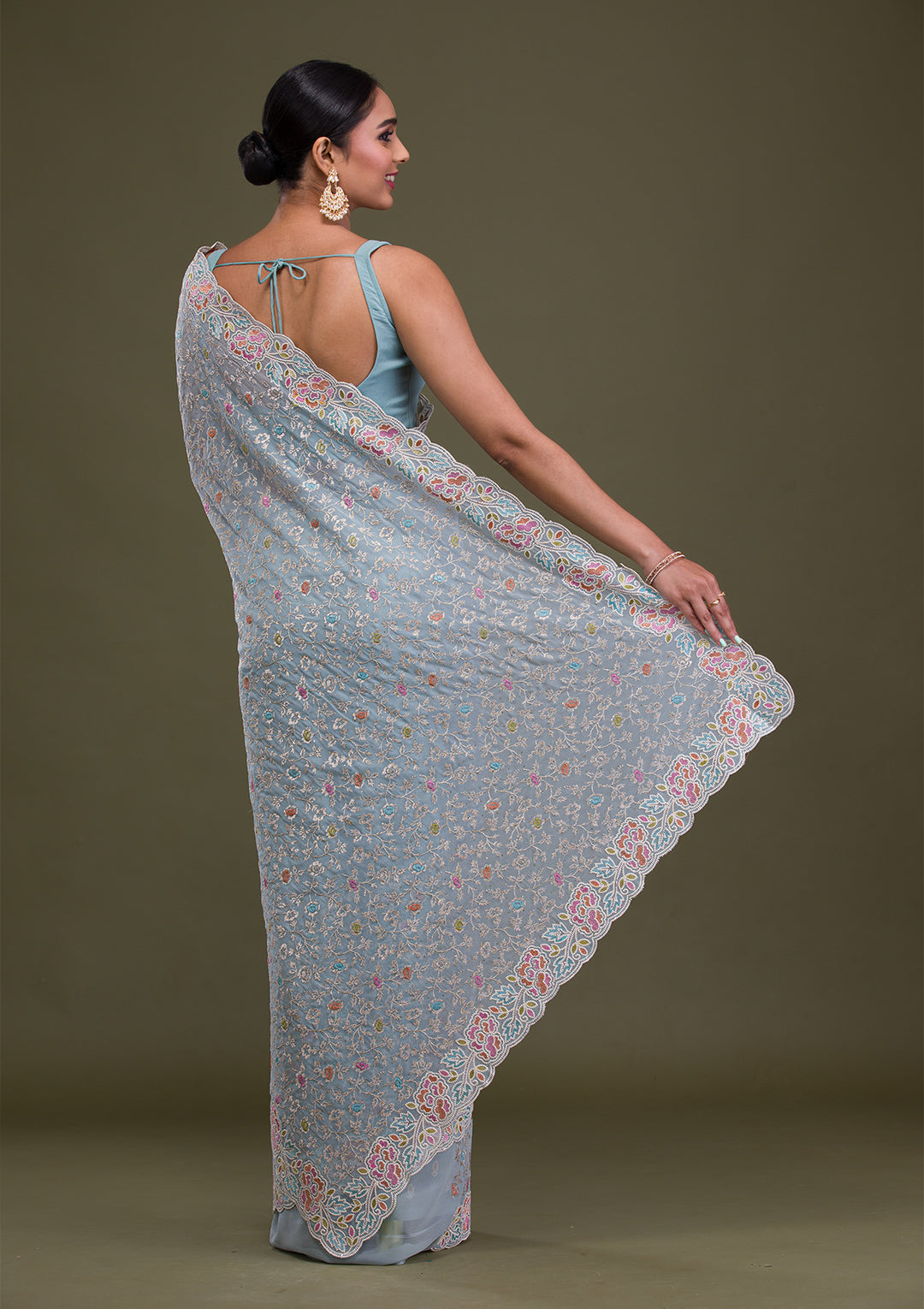 Sky Blue Zariwork Georgette Saree
