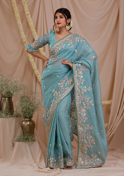 Sky Blue Zariwork Net Saree-Koskii