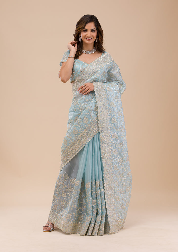 Sky Blue Zariwork Organza Saree
