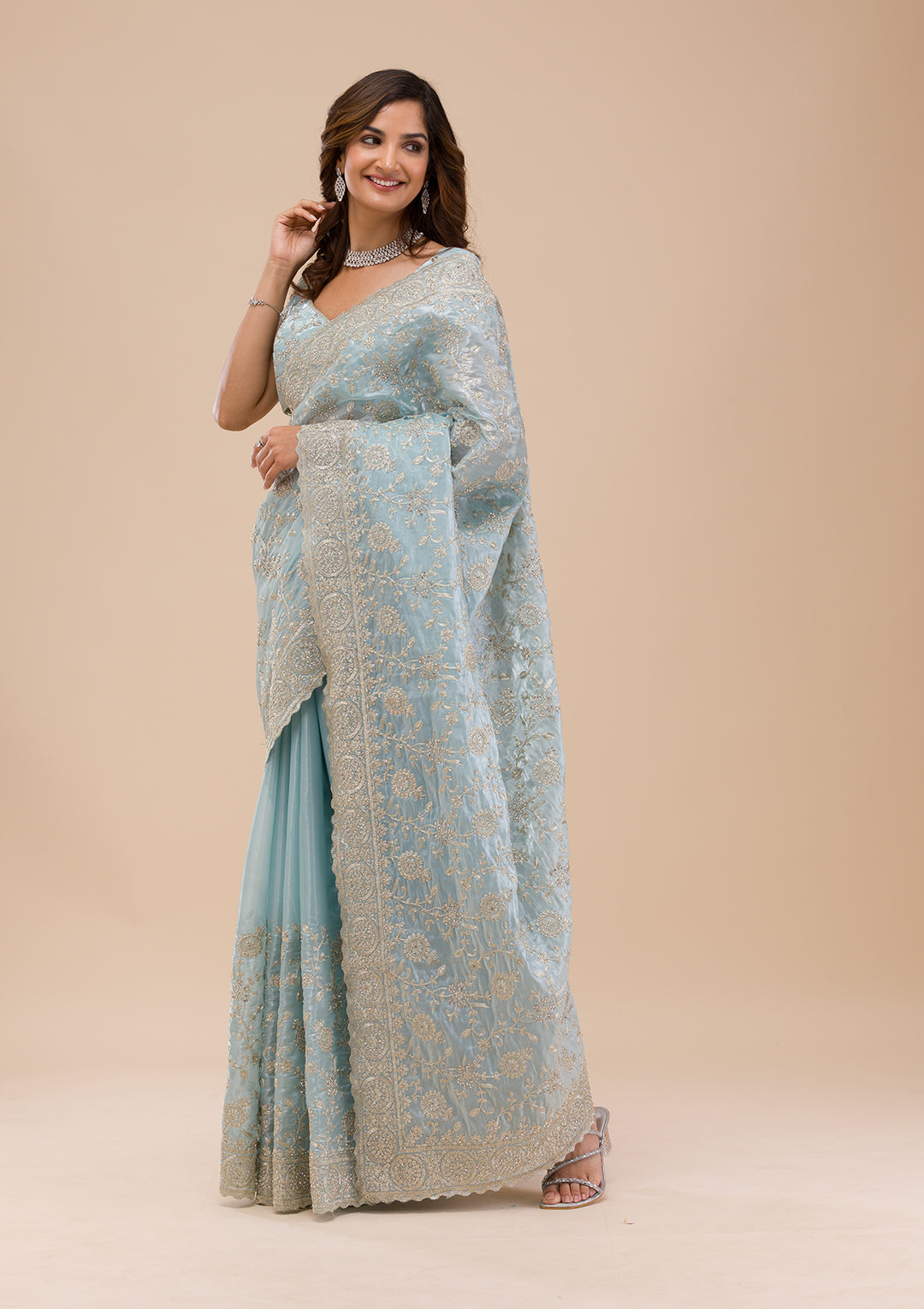 Sky Blue Zariwork Organza Saree