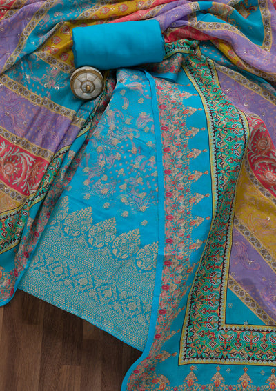 Sky Blue Zariwork Semi Crepe Unstitched Salwar Suit